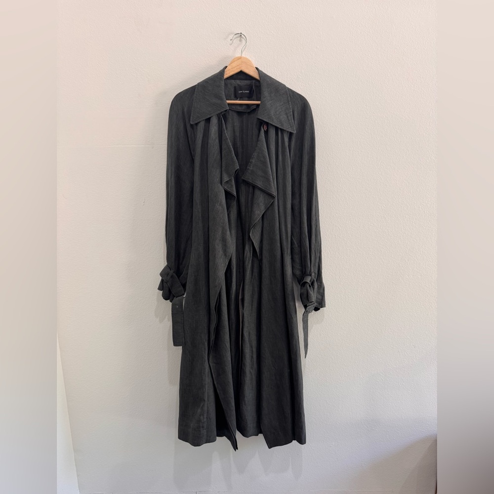 Low Classic Gray Draped Trench Duster 100% Linen Small oversized Frankie Shop